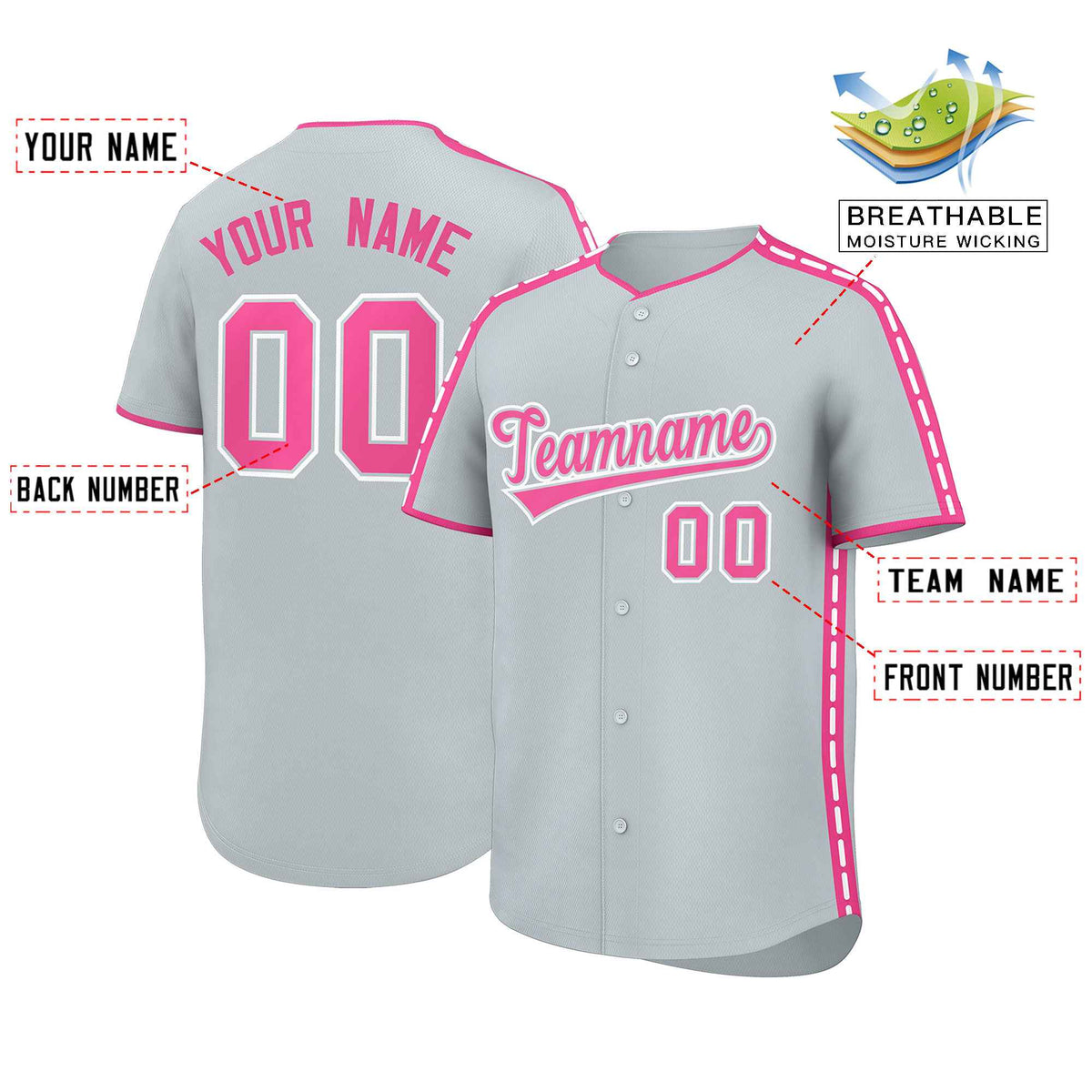 Custom Silver Pink Color Block Personalized Side Dotted Line Authentic Baseball Jersey| KXKSHOP