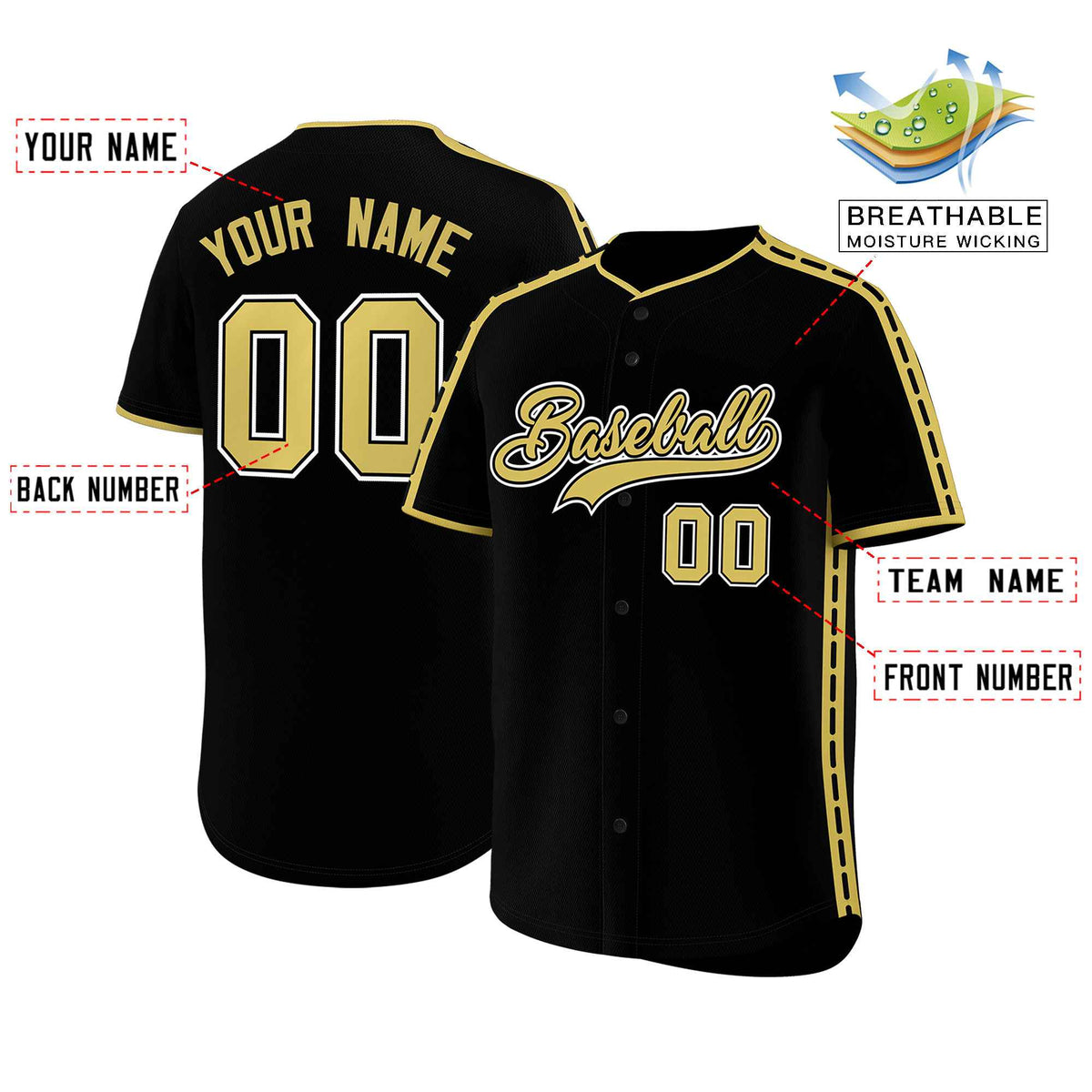 Custom Black Old Gold Color Block Personalized Side Dotted Line Authentic Baseball Jersey| KXKSHOP