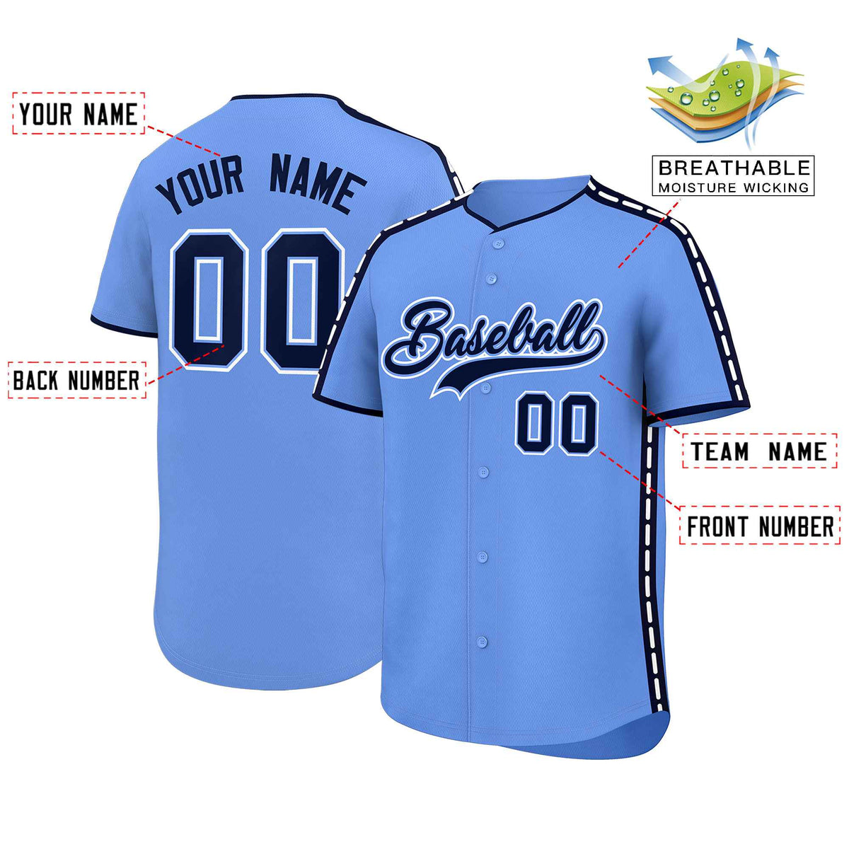 Custom Light Blue Navy Color Block Personalized Side Dotted Line Authentic Baseball Jersey| KXKSHOP