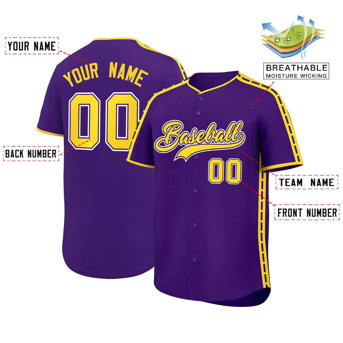 Custom Purple Gold Color Block Personalized Side Dotted Line Authentic Baseball Jersey| KXKSHOP