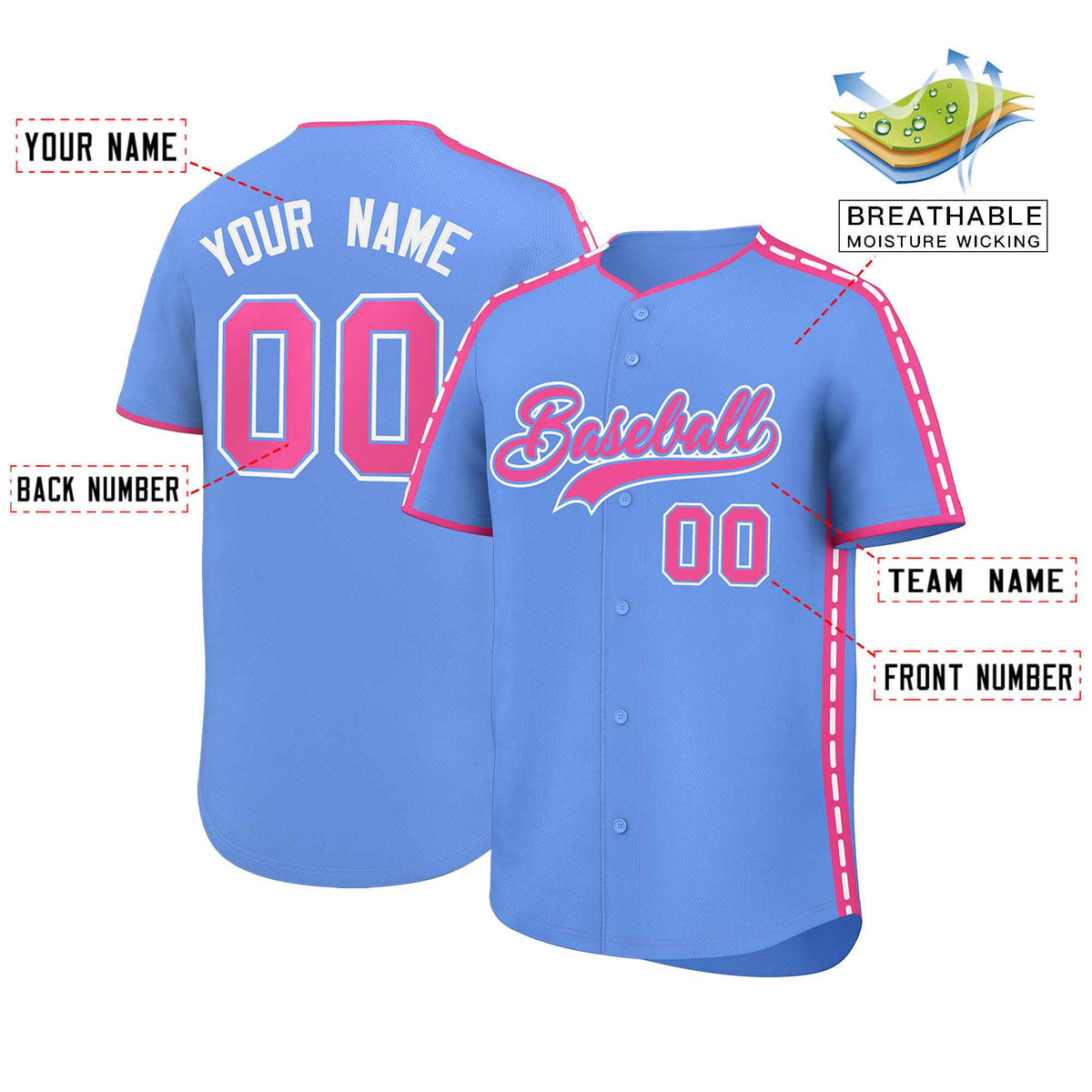 Custom Light Blue Pink Color Block Personalized Side Dotted Line Authentic Baseball Jersey| KXKSHOP