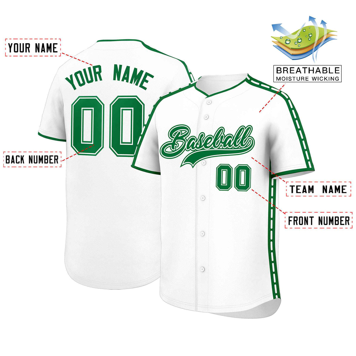 Custom White Kelly Green Color Block Personalized Side Dotted Line Authentic Baseball Jersey| KXKSHOP