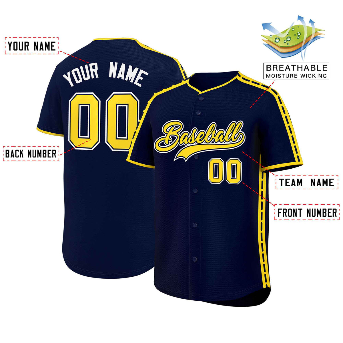 Custom Navy Gold Color Block Personalized Side Dotted Line Authentic Baseball Jersey| KXKSHOP