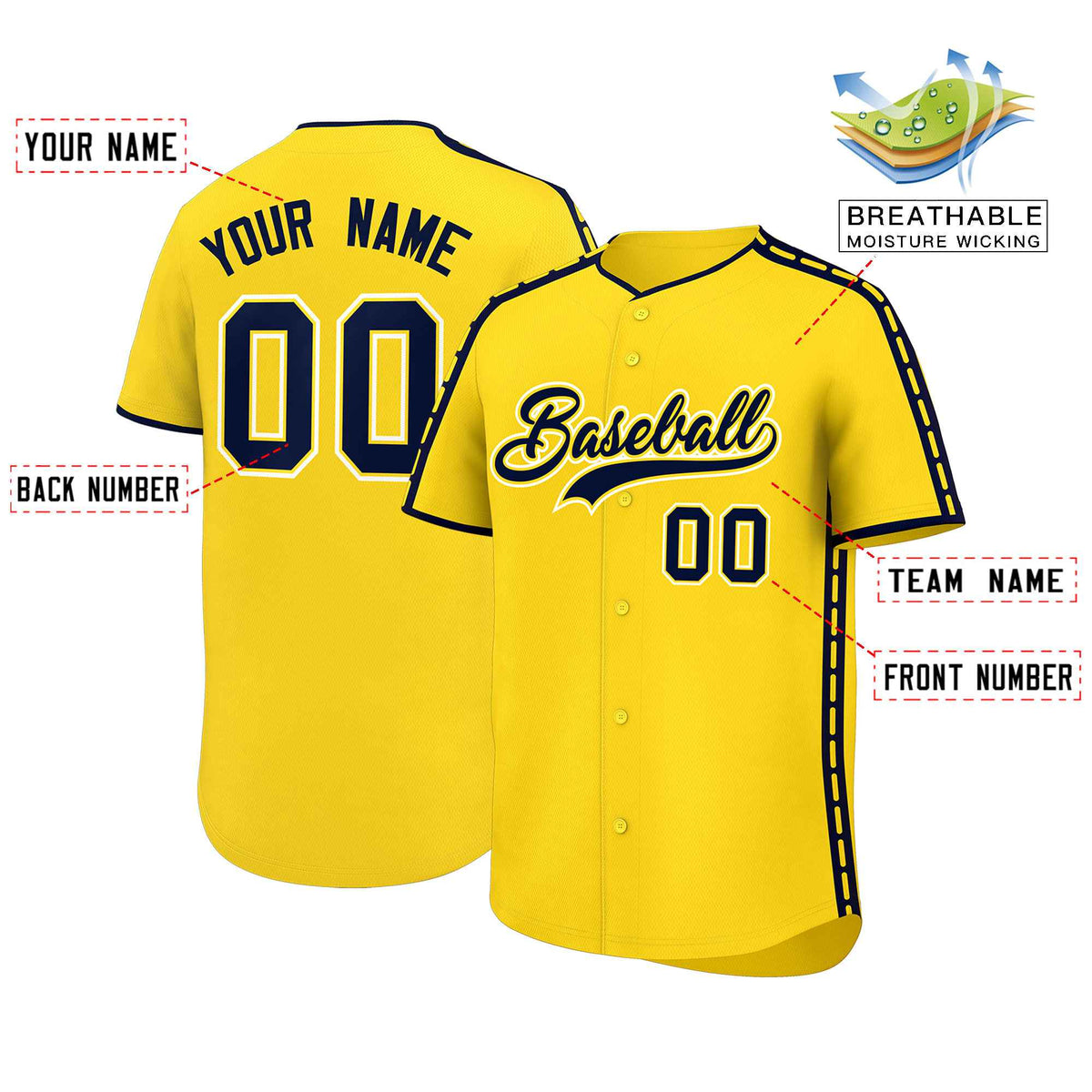 Custom Gold Navy Color Block Personalized Side Dotted Line Authentic Baseball Jersey| KXKSHOP