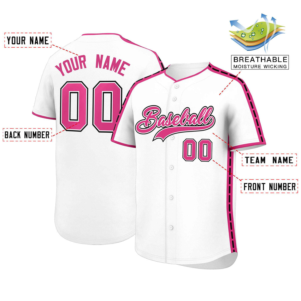 Custom White Pink Color Block Personalized Side Dotted Line Authentic Baseball Jersey| KXKSHOP