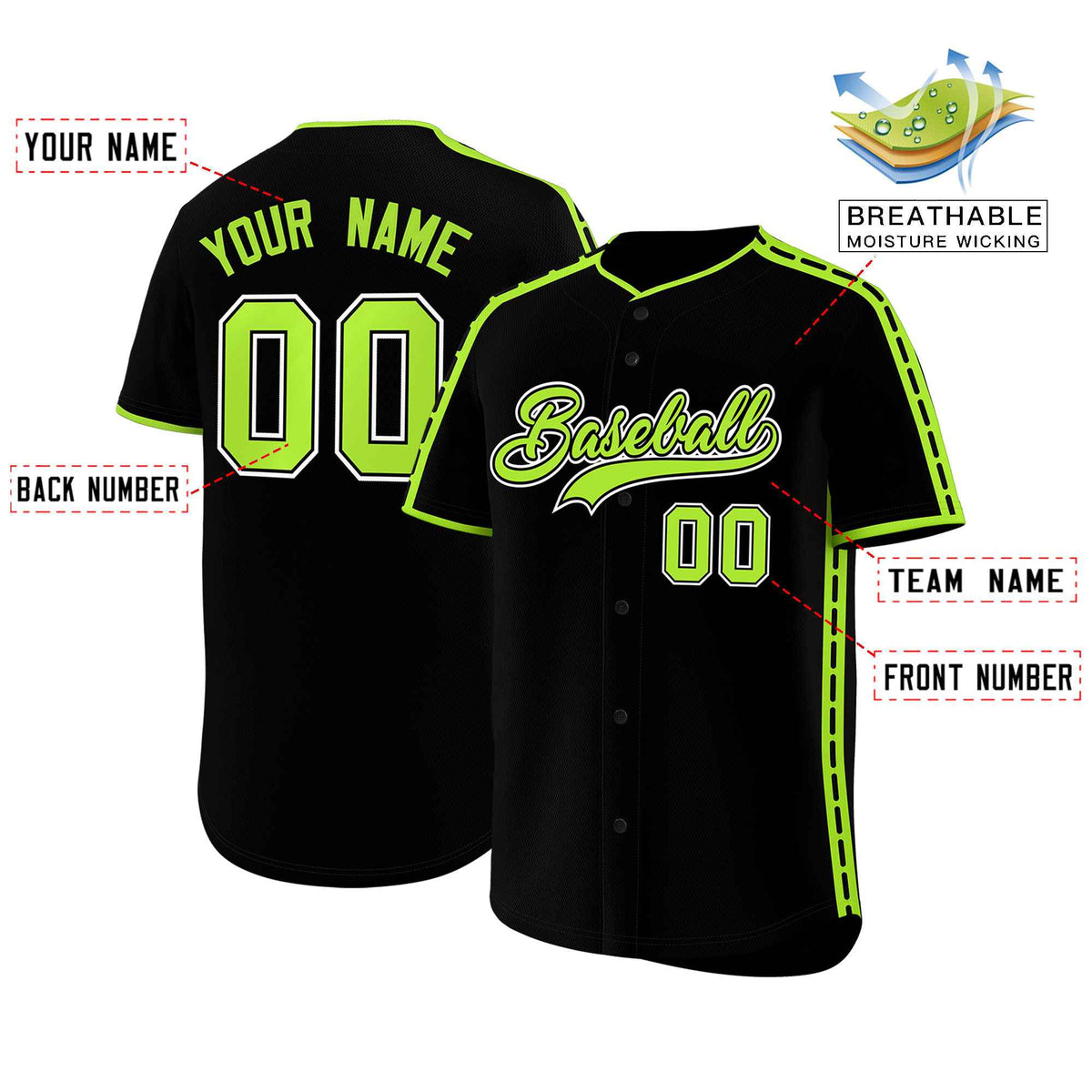 Custom Black Light Green Color Block Personalized Side Dotted Line Authentic Baseball Jersey| KXKSHOP