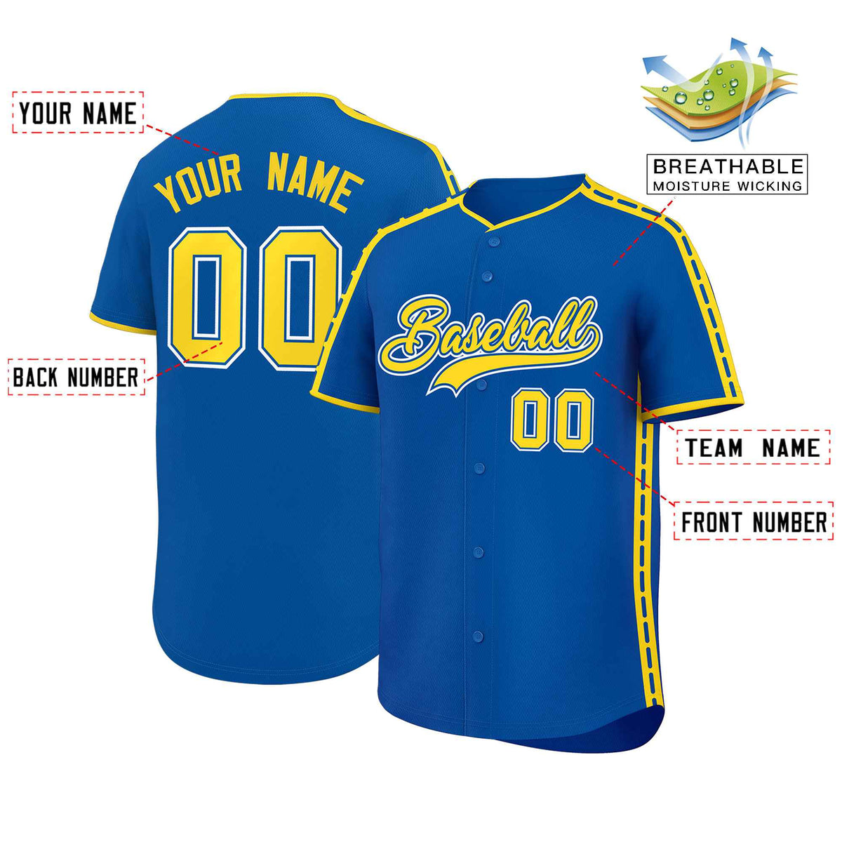 Custom Royal Gold Color Block Personalized Side Dotted Line Authentic Baseball Jersey| KXKSHOP