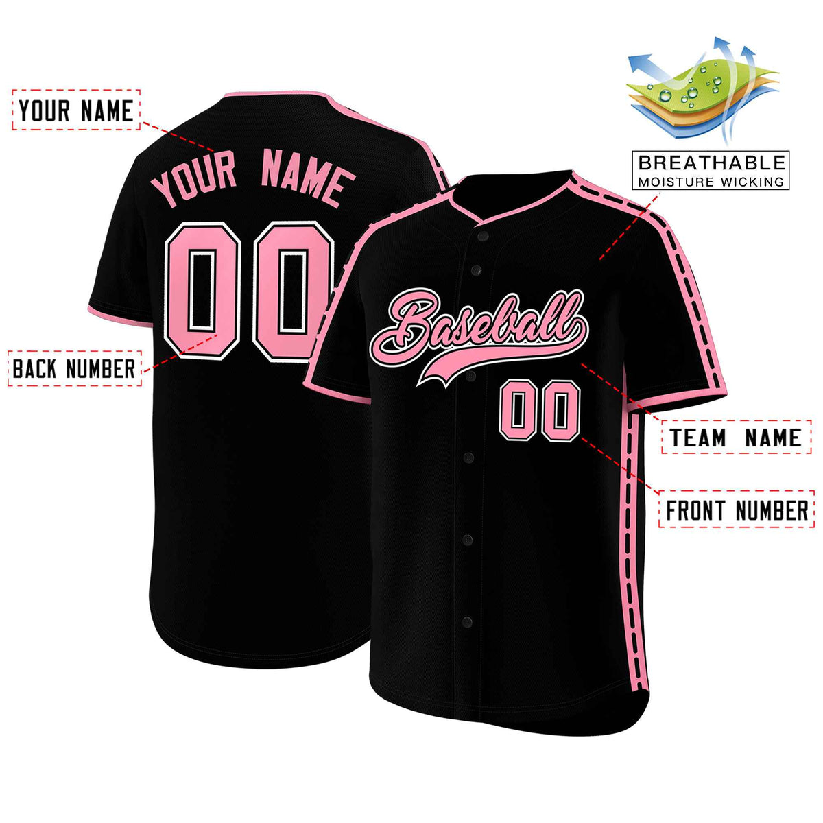 Custom Black Light Pink Color Block Personalized Side Dotted Line Authentic Baseball Jersey| KXKSHOP