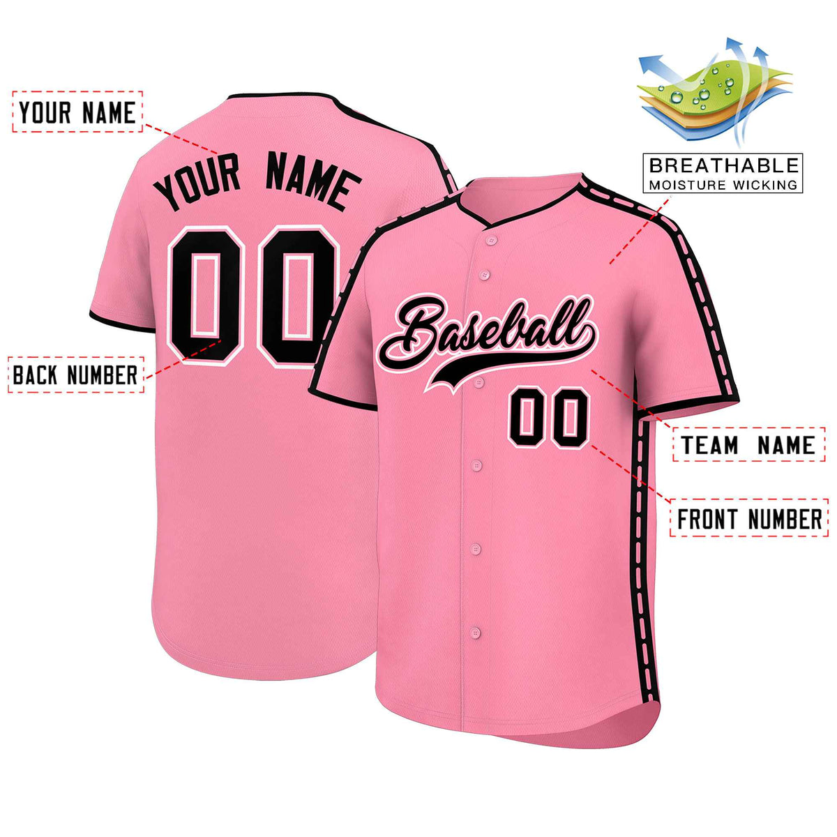 Custom Light Pink Black Color Block Personalized Side Dotted Line Authentic Baseball Jersey| KXKSHOP
