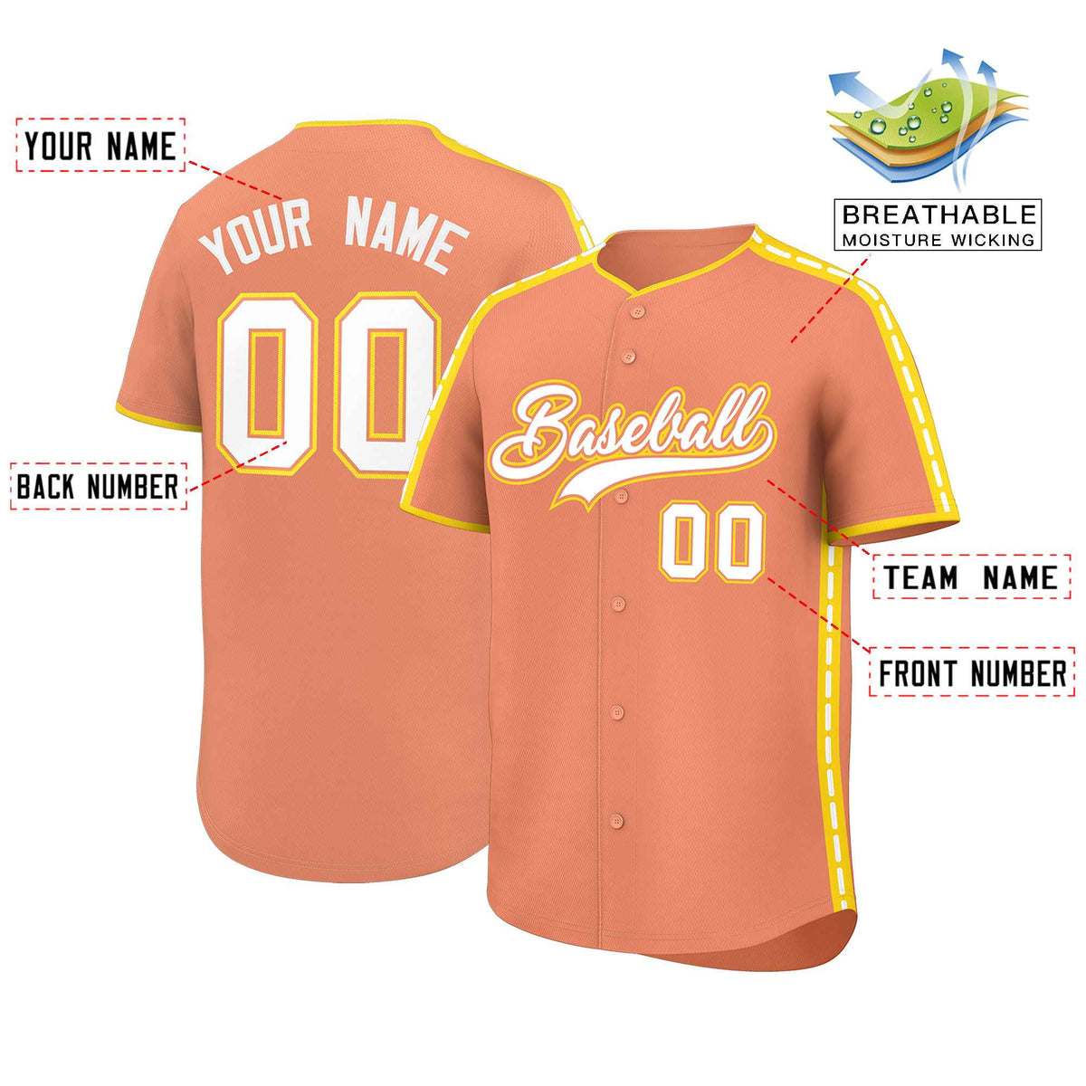 Custom Light Orange Gold Color Block Personalized Side Dotted Line Authentic Baseball Jersey| KXKSHOP