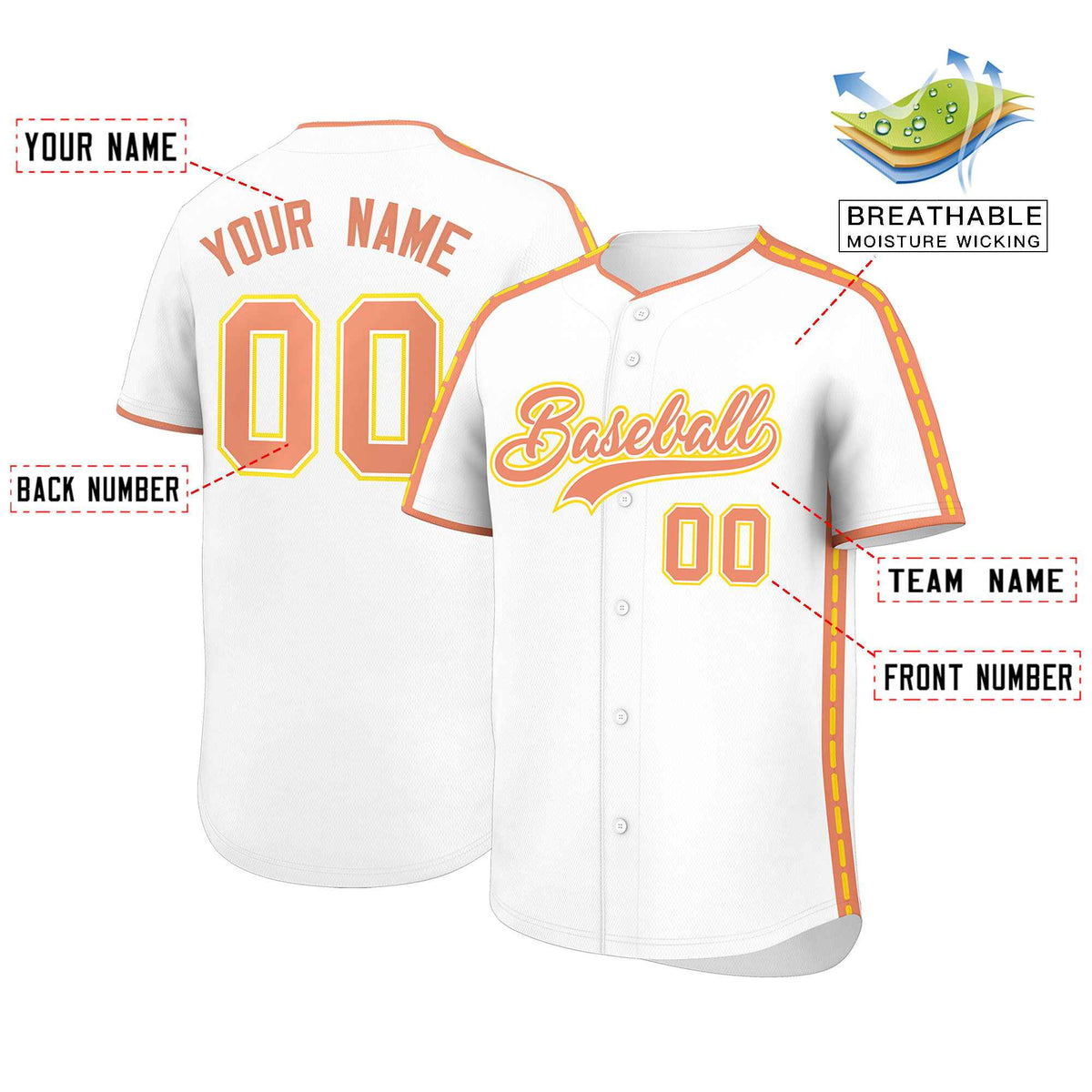 Custom White Light Orange Color Block Personalized Side Dotted Line Authentic Baseball Jersey| KXKSHOP