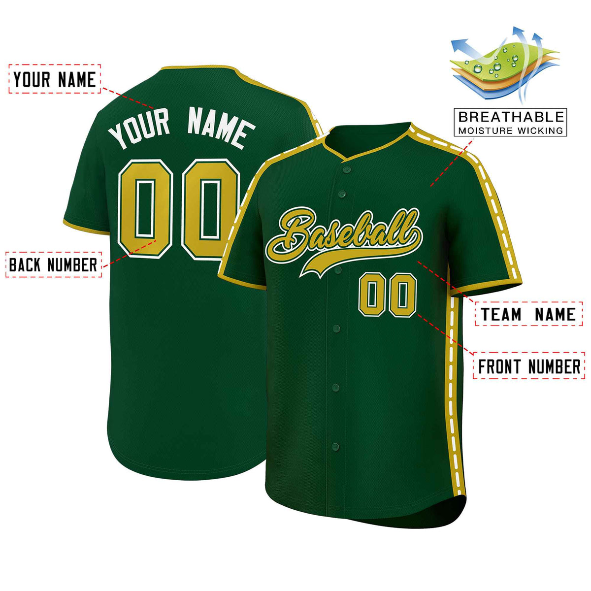 Custom Green Old Gold Color Block Personalized Side Dotted Line Authentic Baseball Jersey| KXKSHOP