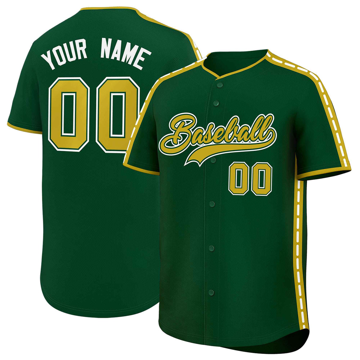 Custom Green Old Gold Color Block Personalized Side Dotted Line Authentic Baseball Jersey| KXKSHOP