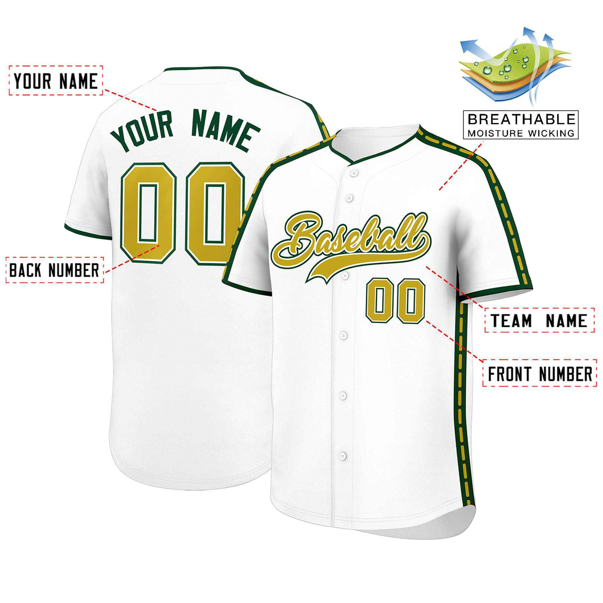 Custom White Green Color Block Personalized Side Dotted Line Authentic Baseball Jersey| KXKSHOP
