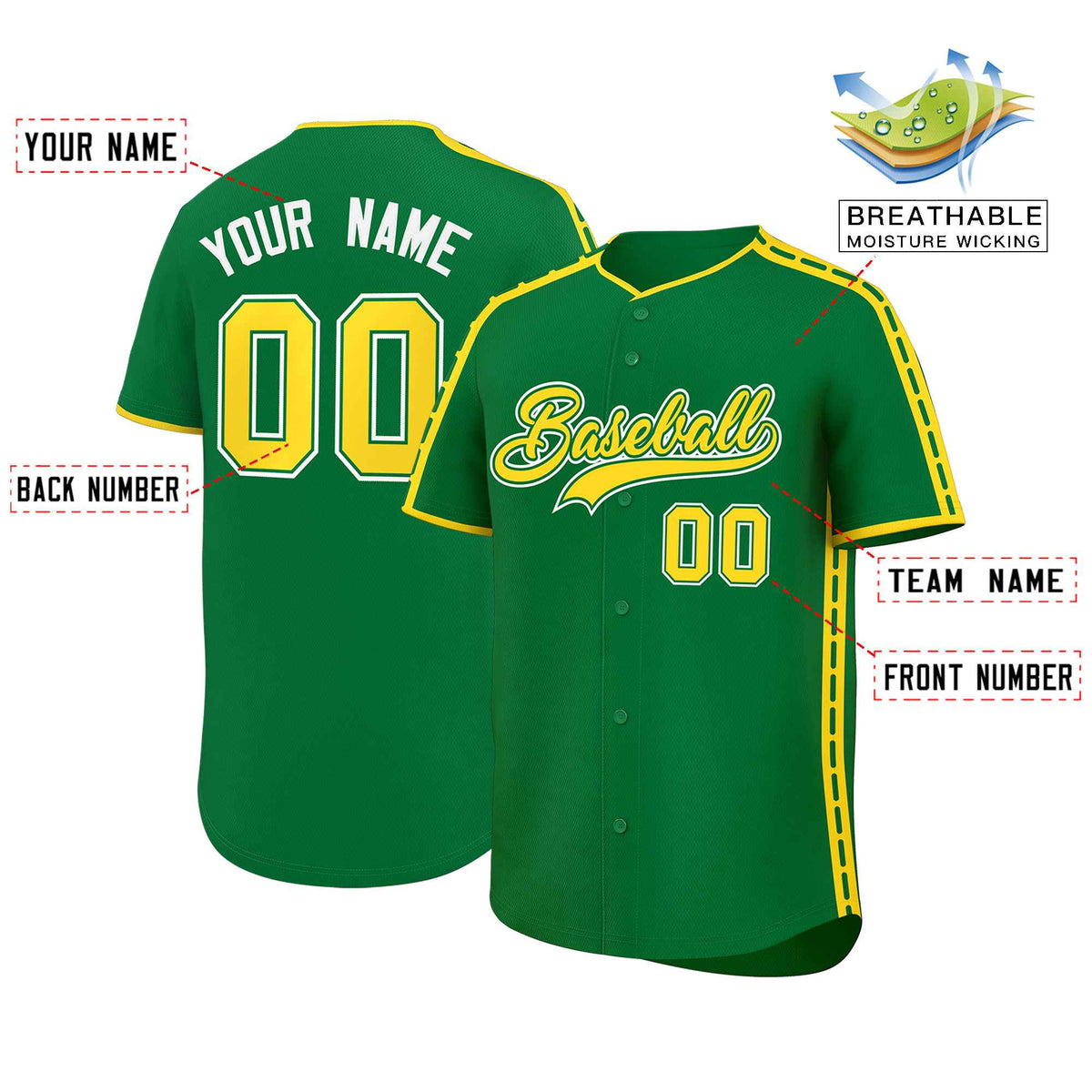 Custom Kelly Green Gold Color Block Personalized Side Dotted Line Authentic Baseball Jersey| KXKSHOP