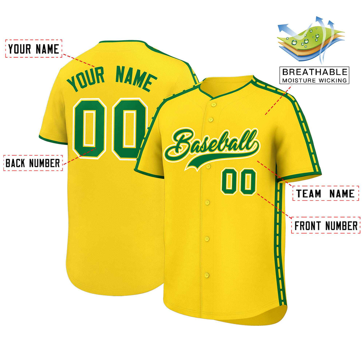 Custom Gold Kelly Green Color Block Personalized Side Dotted Line Authentic Baseball Jersey| KXKSHOP