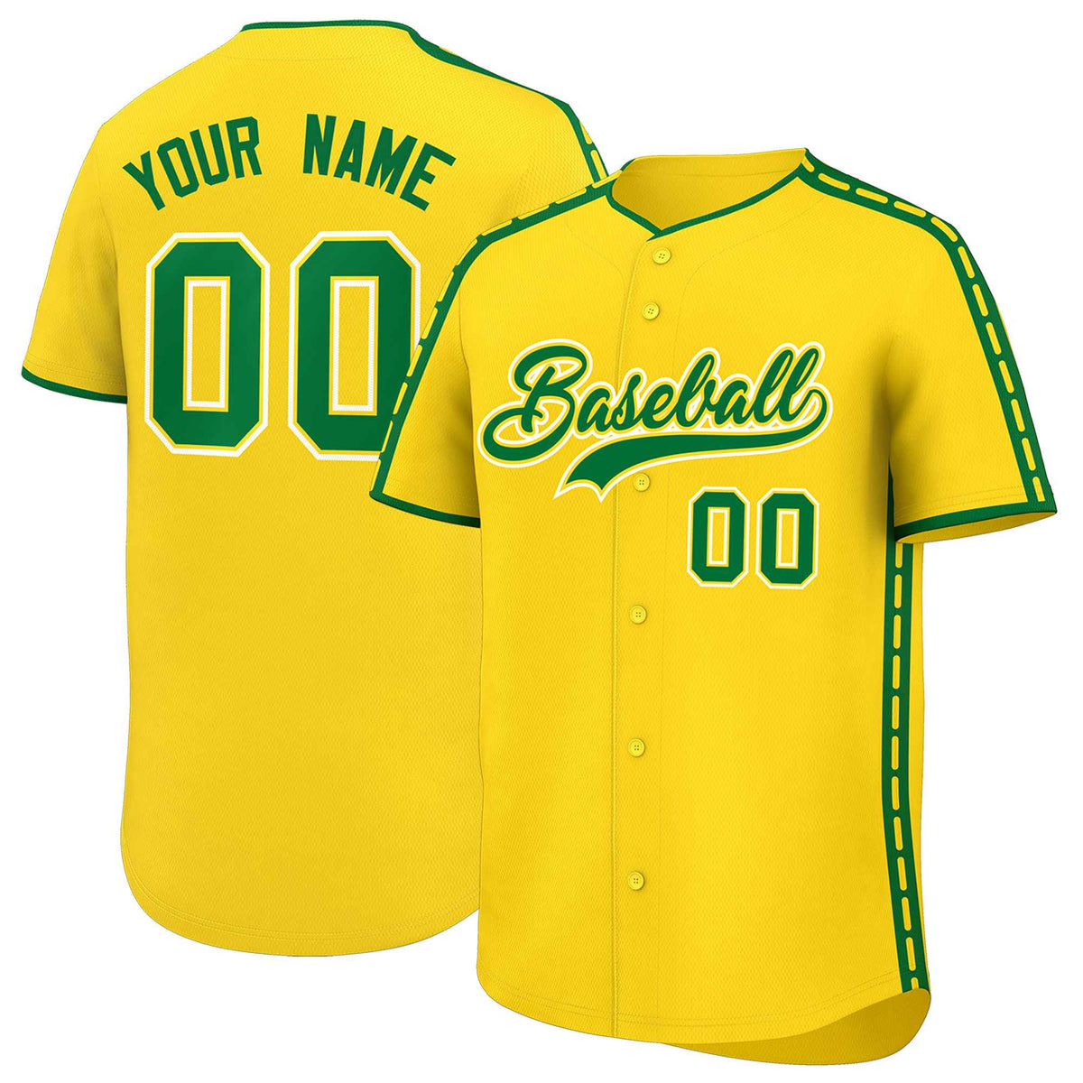 Custom Gold Kelly Green Color Block Personalized Side Dotted Line Authentic Baseball Jersey| KXKSHOP
