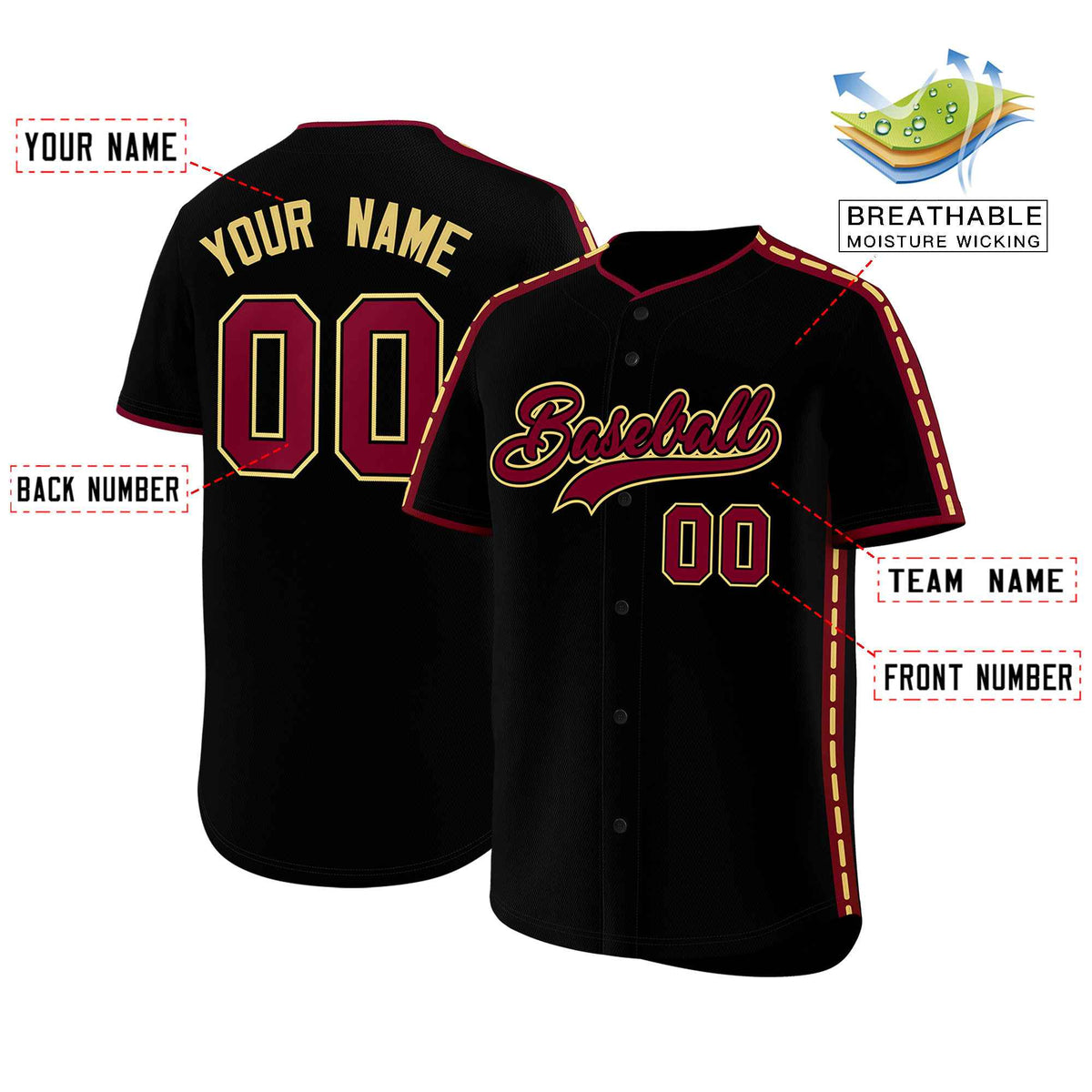 Custom Black Crimson Color Block Personalized Side Dotted Line Authentic Baseball Jersey| KXKSHOP