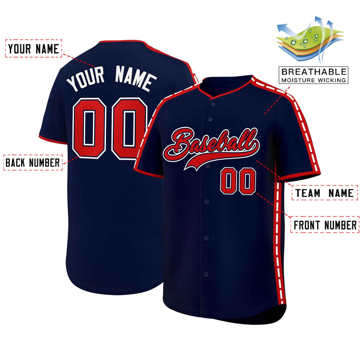 Custom Navy Red Color Block Personalized Side Dotted Line Authentic Baseball Jersey| KXKSHOP
