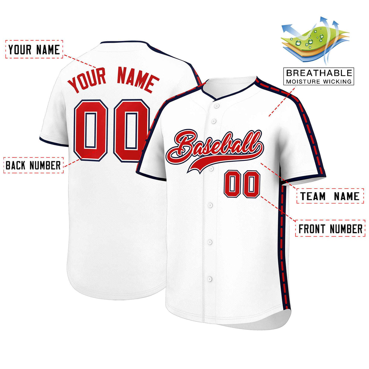 Custom White Navy Color Block Personalized Side Dotted Line Authentic Baseball Jersey| KXKSHOP