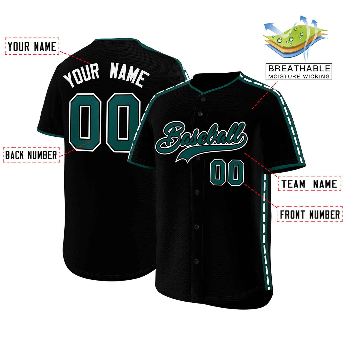 Custom Black Midnight Green Color Block Personalized Side Dotted Line Authentic Baseball Jersey| KXKSHOP
