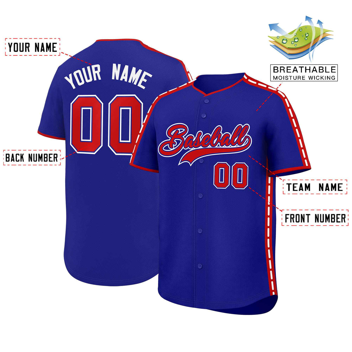 Custom Royal Red Color Block Personalized Side Dotted Line Authentic Baseball Jersey| KXKSHOP