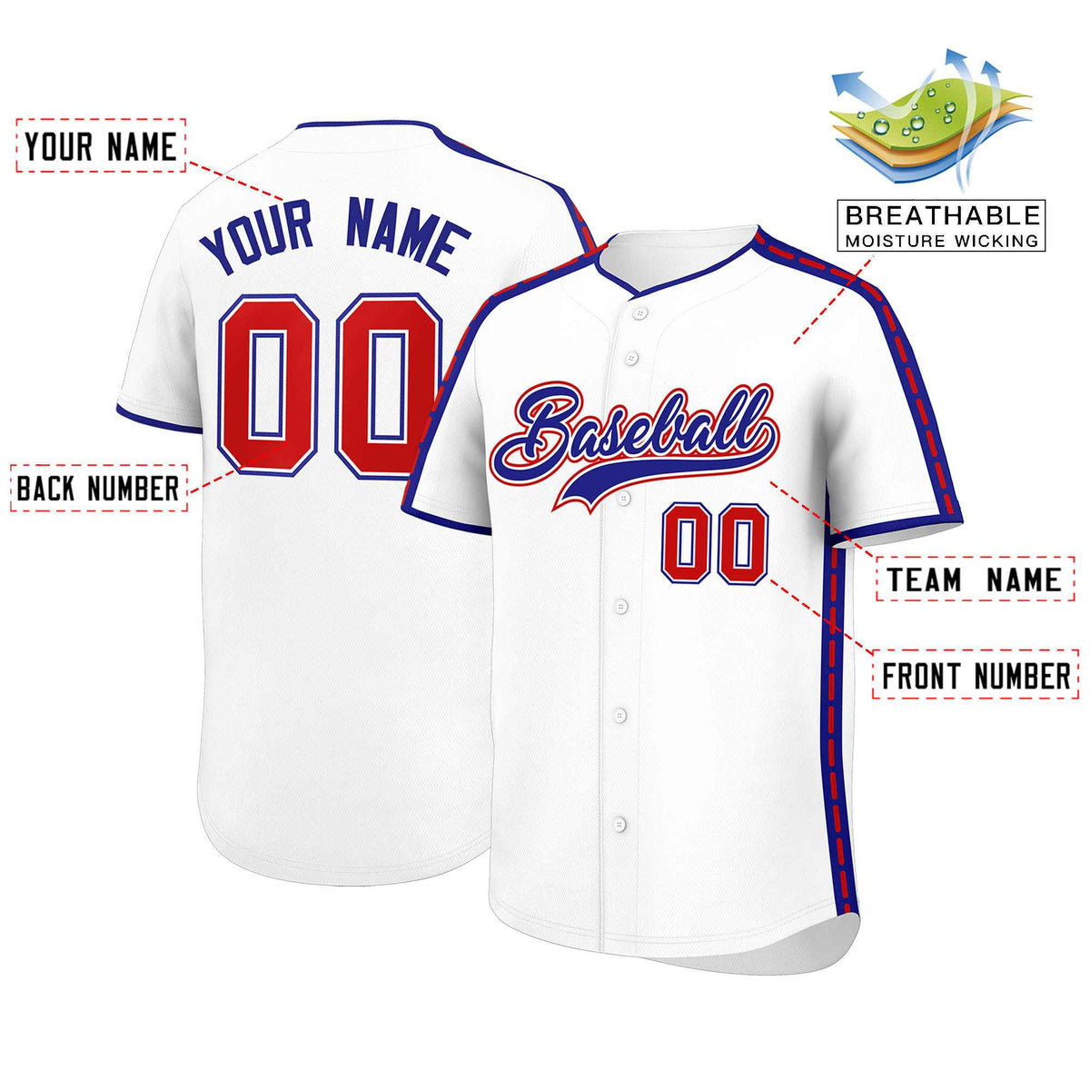 Custom White Royal Color Block Personalized Side Dotted Line Authentic Baseball Jersey| KXKSHOP