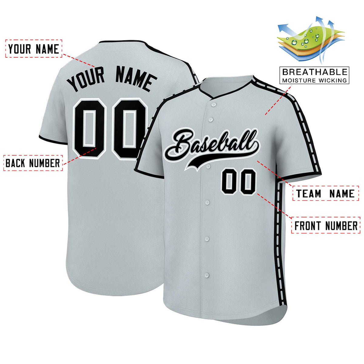 Custom Silver Black Color Block Personalized Side Dotted Line Authentic Baseball Jersey| KXKSHOP