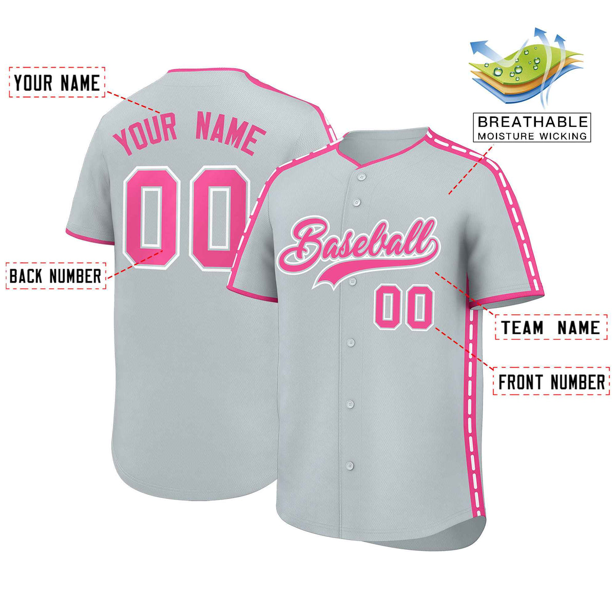 Custom Silver Pink Color Block Personalized Side Dotted Line Authentic Baseball Jersey| KXKSHOP