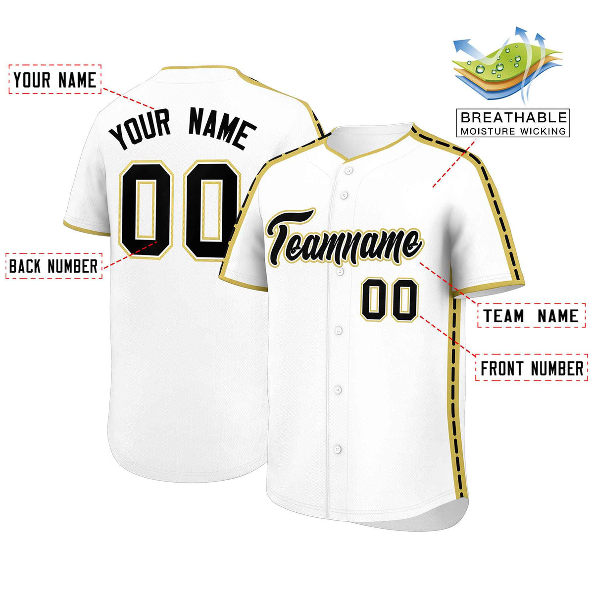 Custom White Old Gold Color Block Personalized Side Dotted Line Authentic Baseball Jersey| KXKSHOP