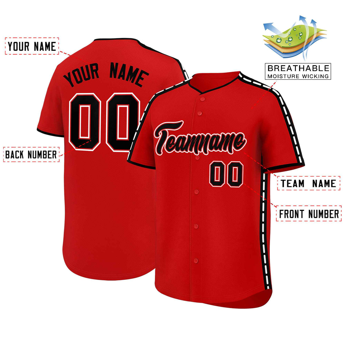 Custom Red Black Color Block Personalized Side Dotted Line Authentic Baseball Jersey| KXKSHOP