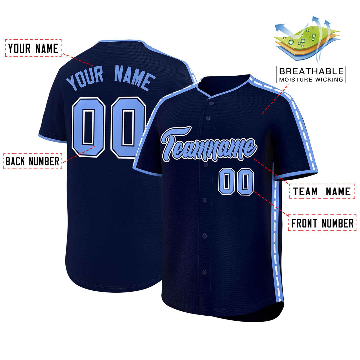 Custom Navy Light Blue Color Block Personalized Side Dotted Line Authentic Baseball Jersey| KXKSHOP