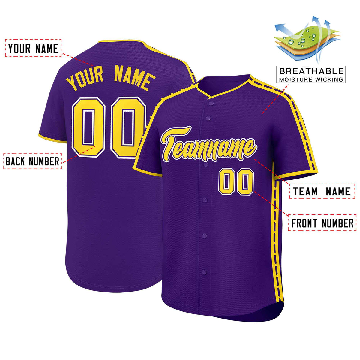 Custom Purple Gold Color Block Personalized Side Dotted Line Authentic Baseball Jersey| KXKSHOP