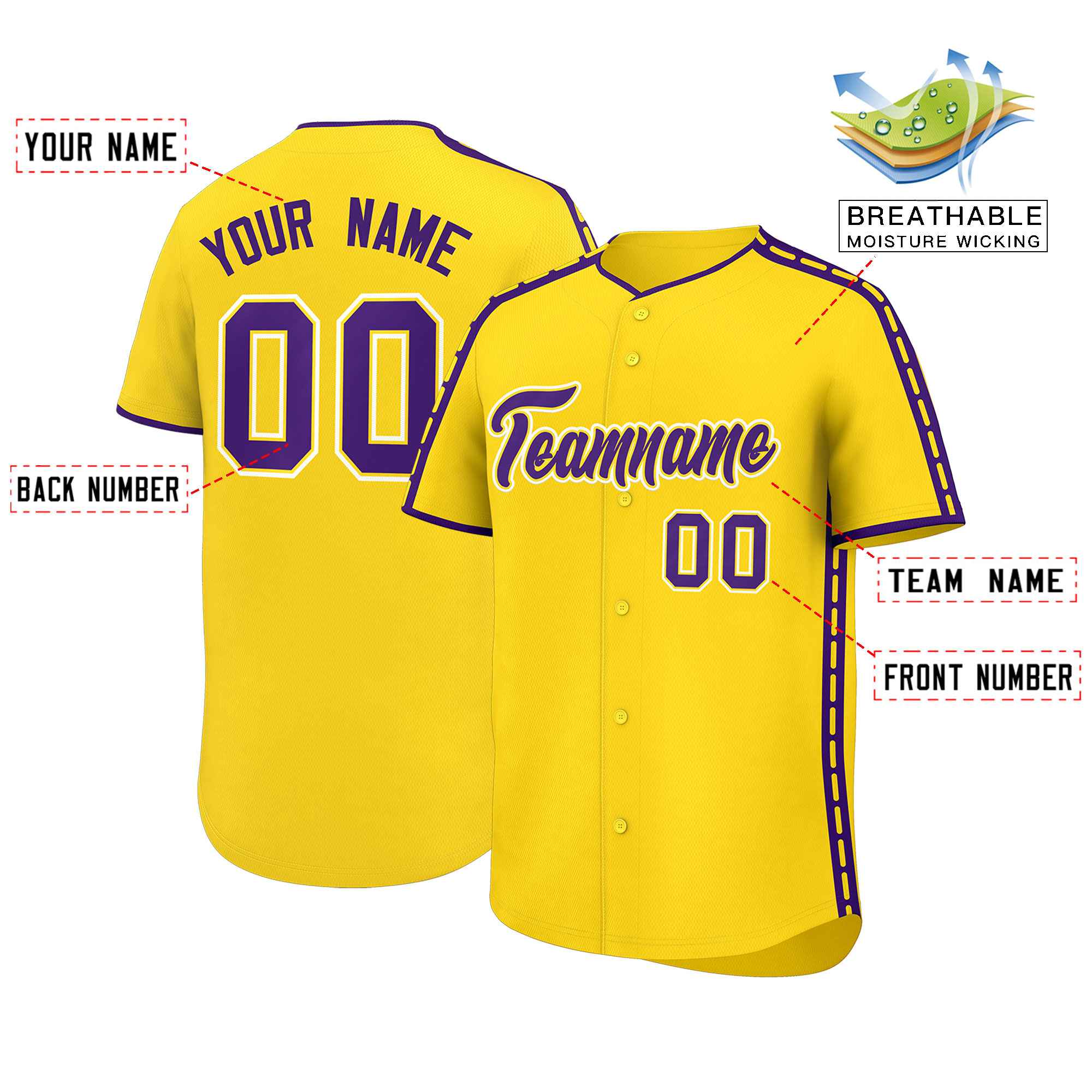 Custom Gold Purple Color Block Personalized Side Dotted Line Authentic Baseball Jersey| KXKSHOP