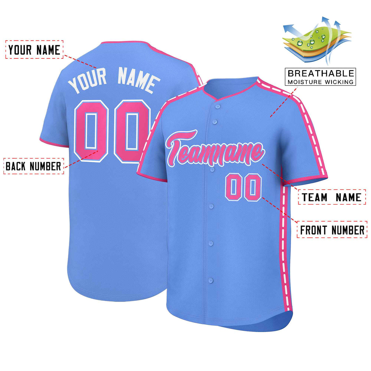Custom Light Blue Pink Color Block Personalized Side Dotted Line Authentic Baseball Jersey| KXKSHOP