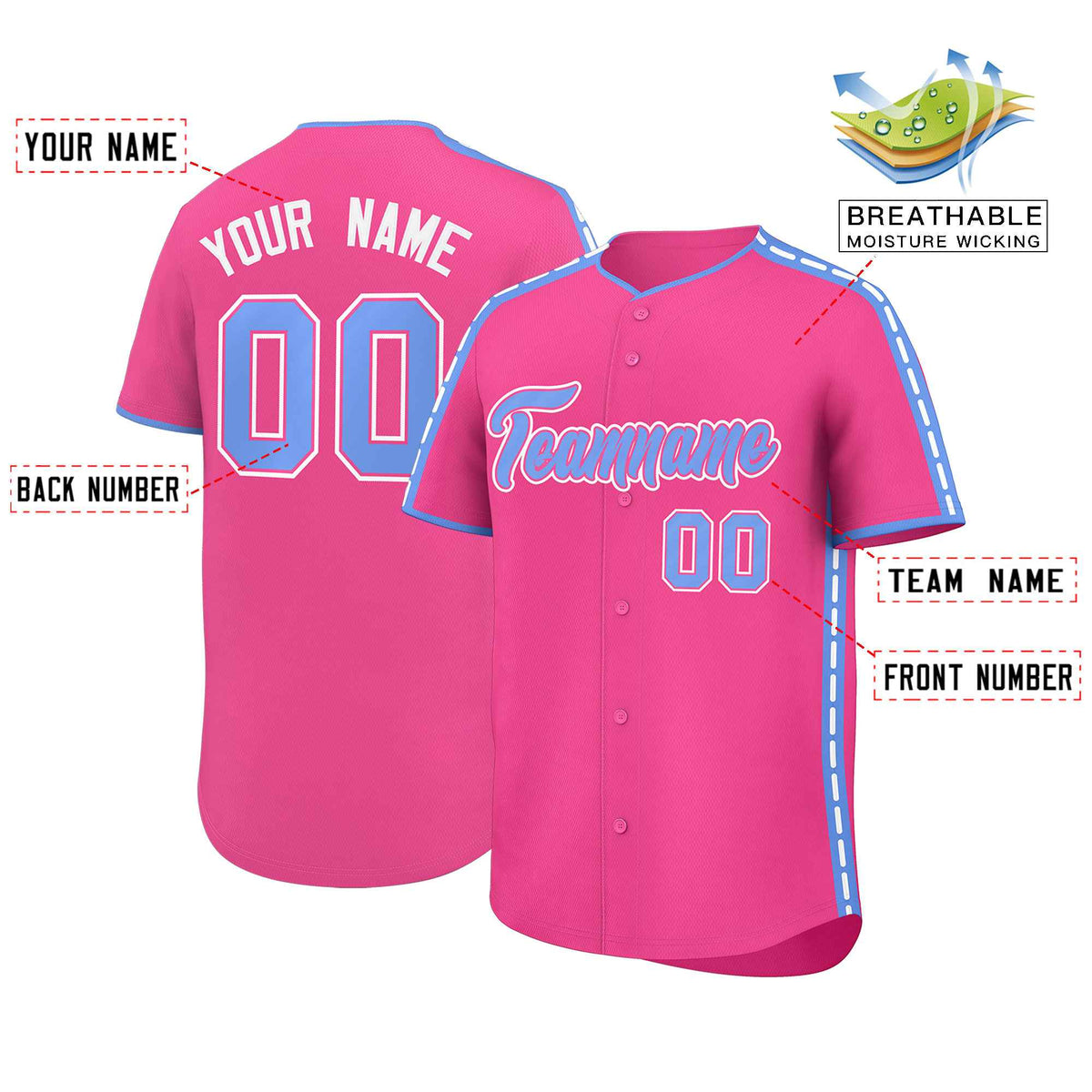 Custom Pink Light Blue Color Block Personalized Side Dotted Line Authentic Baseball Jersey| KXKSHOP