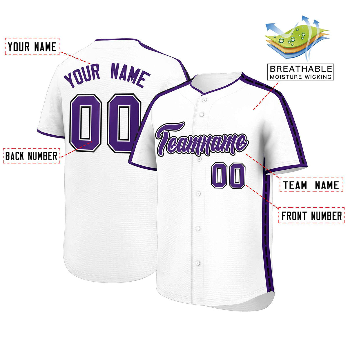 Custom White Purple Color Block Personalized Side Dotted Line Authentic Baseball Jersey| KXKSHOP