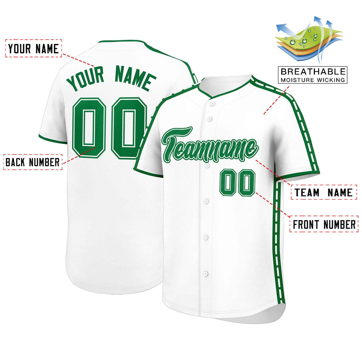 Custom White Kelly Green Color Block Personalized Side Dotted Line Authentic Baseball Jersey| KXKSHOP