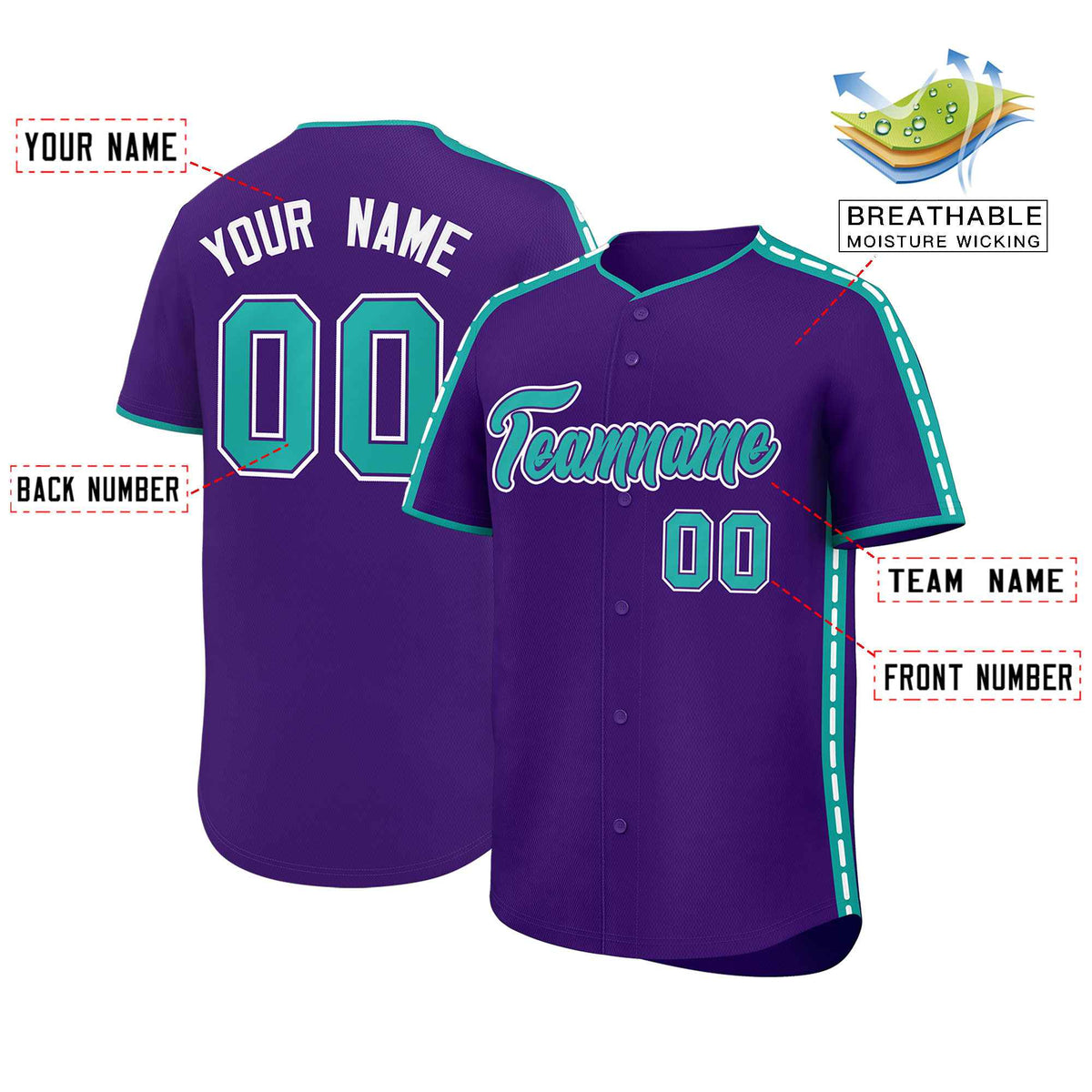 Custom Purple Aqua Color Block Personalized Side Dotted Line Authentic Baseball Jersey| KXKSHOP