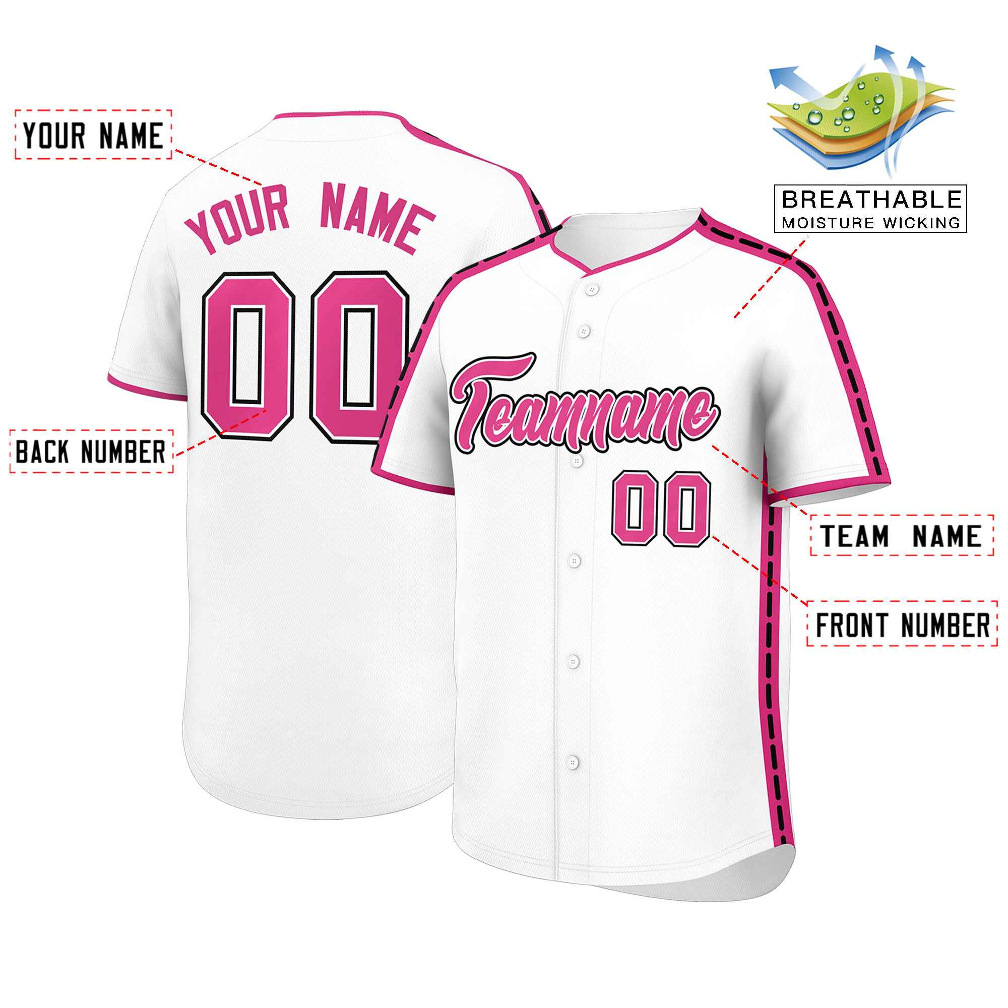Custom White Pink Color Block Personalized Side Dotted Line Authentic Baseball Jersey| KXKSHOP