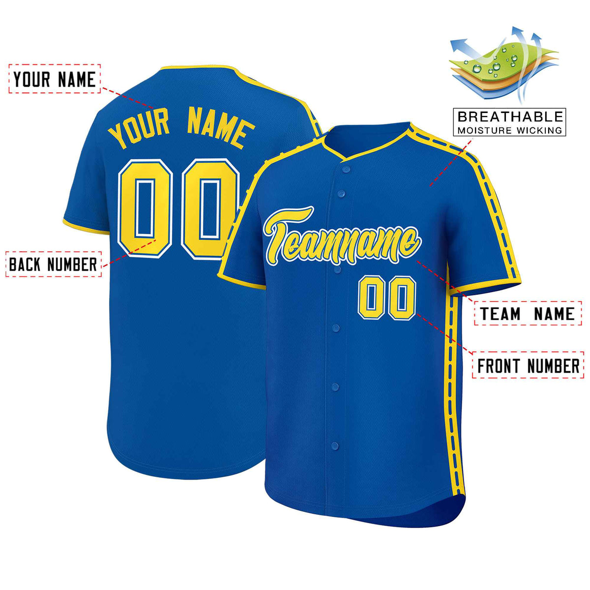 Custom Royal Gold Color Block Personalized Side Dotted Line Authentic Baseball Jersey| KXKSHOP