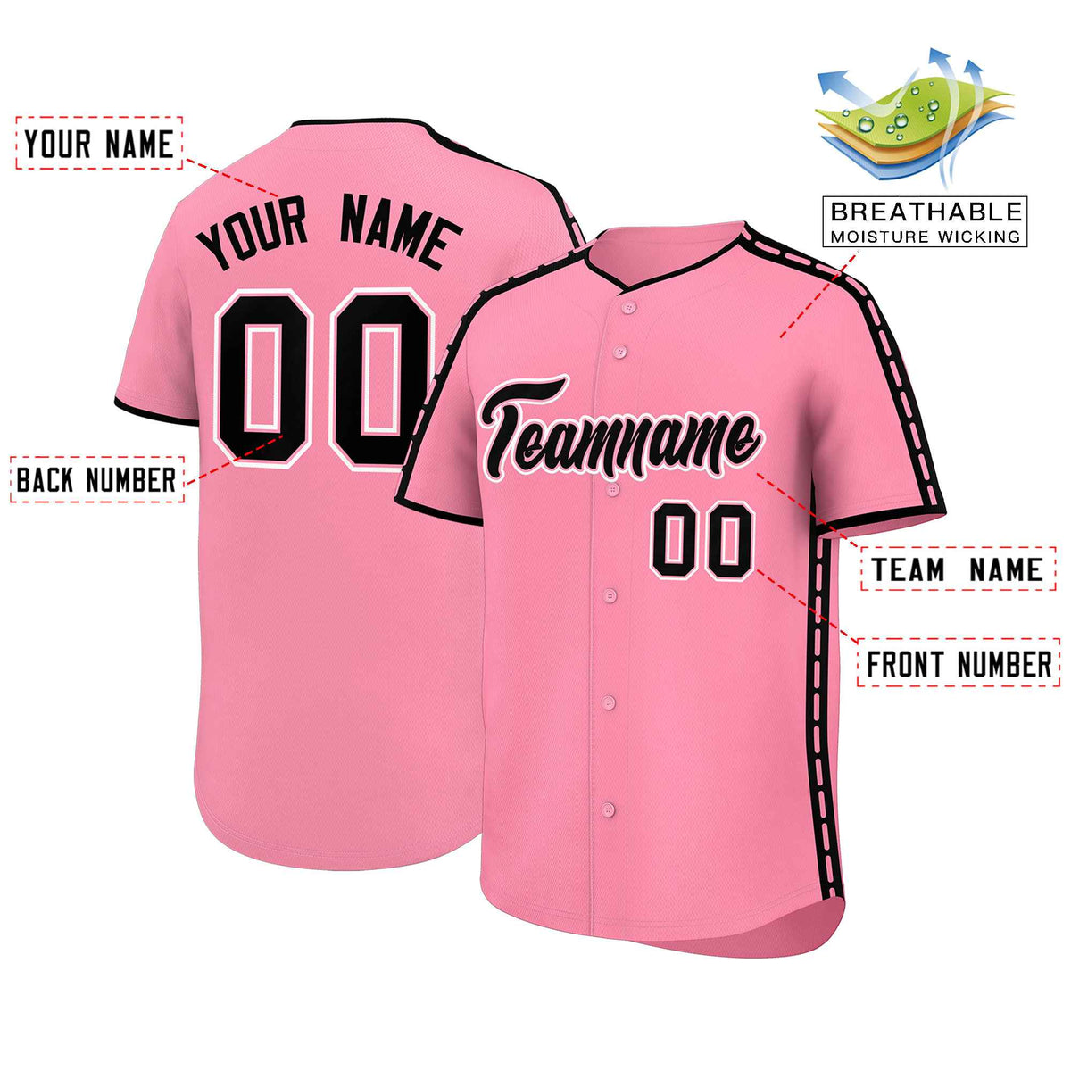 Custom Light Pink Black Color Block Personalized Side Dotted Line Authentic Baseball Jersey| KXKSHOP