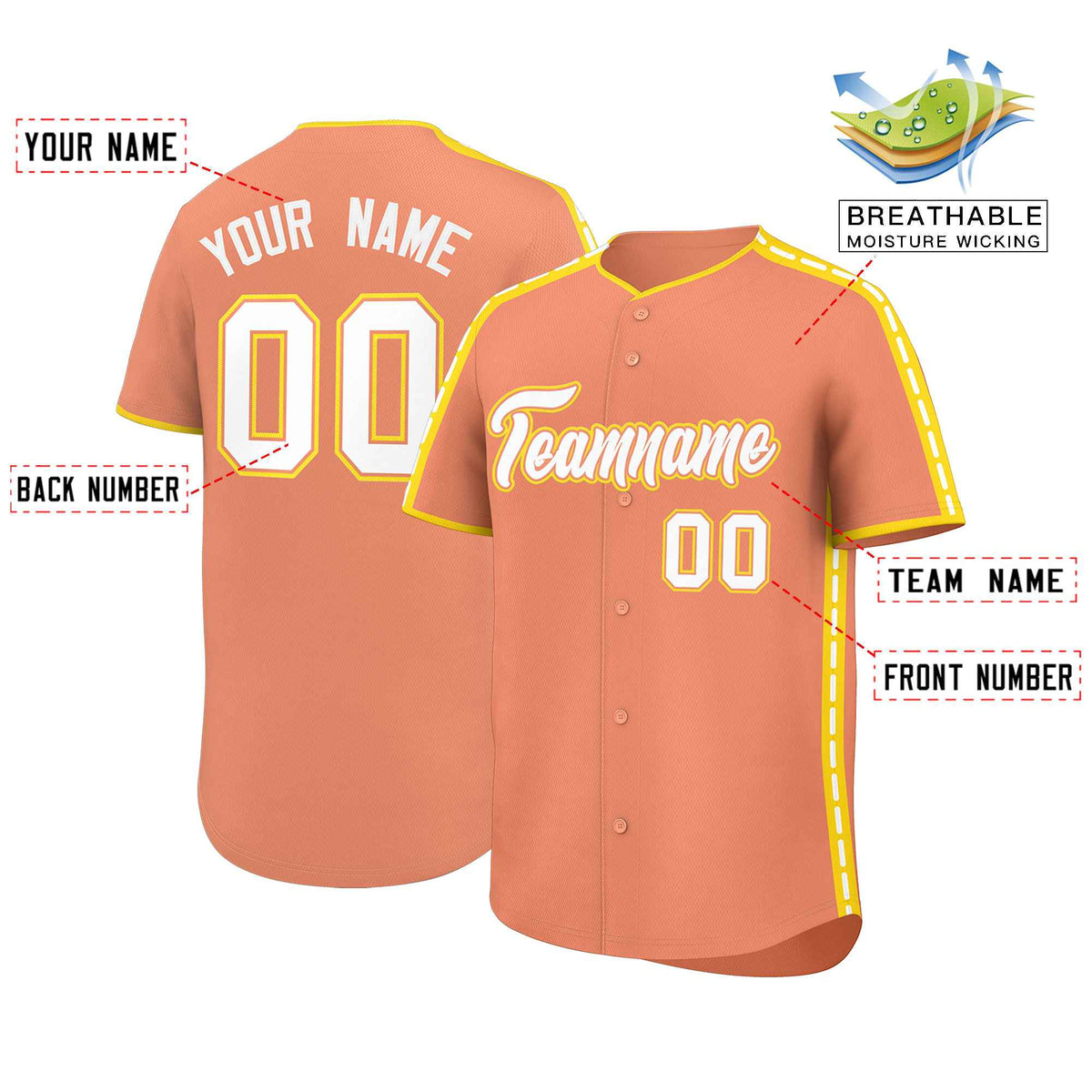 Custom Light Orange Gold Color Block Personalized Side Dotted Line Authentic Baseball Jersey| KXKSHOP