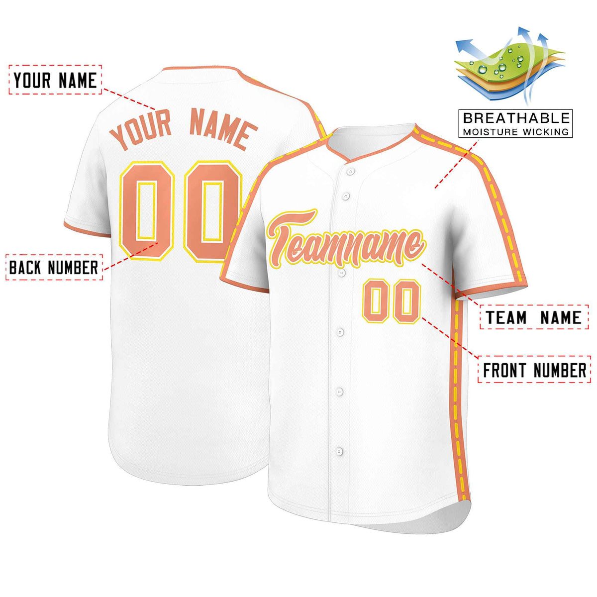 Custom White Light Orange Color Block Personalized Side Dotted Line Authentic Baseball Jersey| KXKSHOP