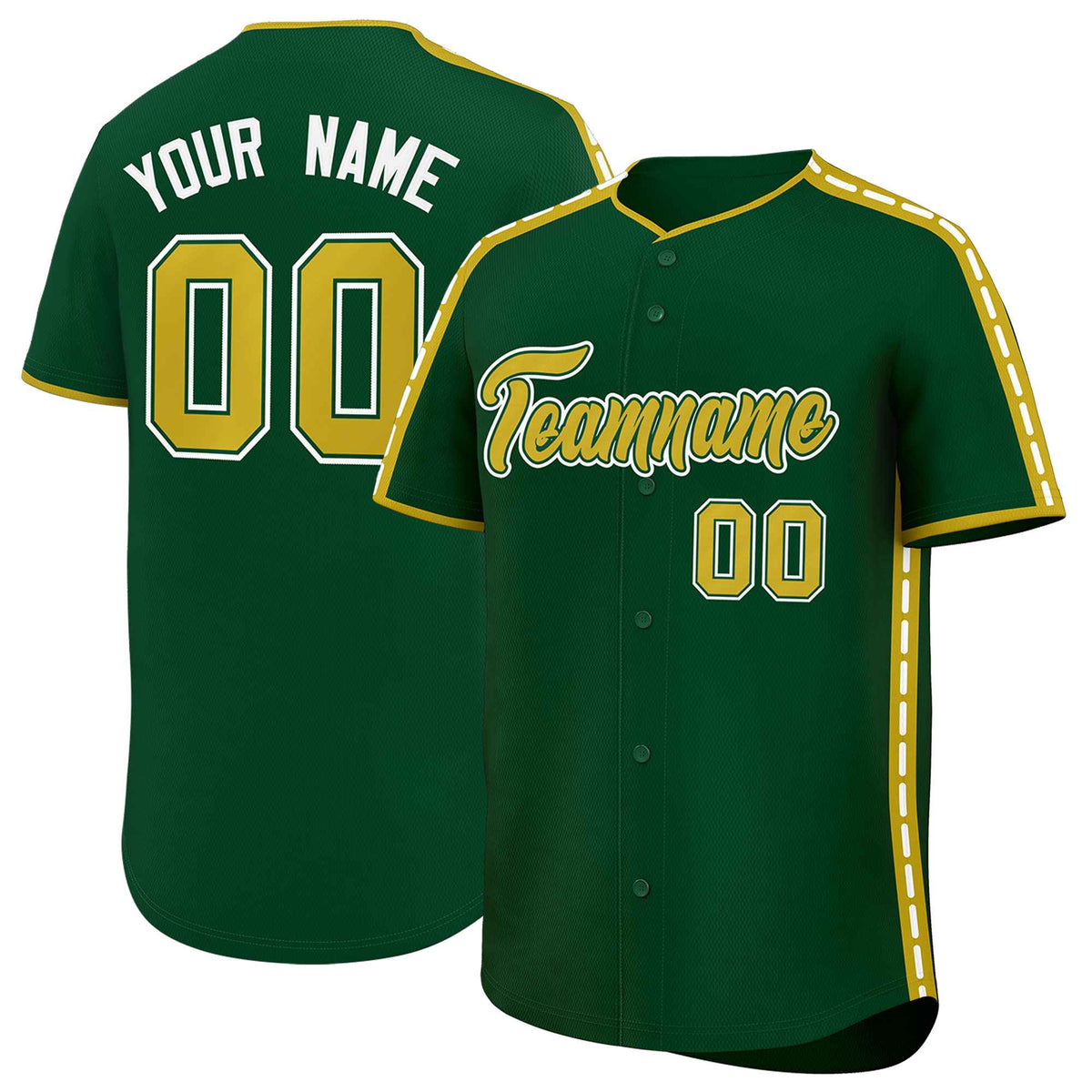 Custom Green Old Gold Color Block Personalized Side Dotted Line Authentic Baseball Jersey| KXKSHOP