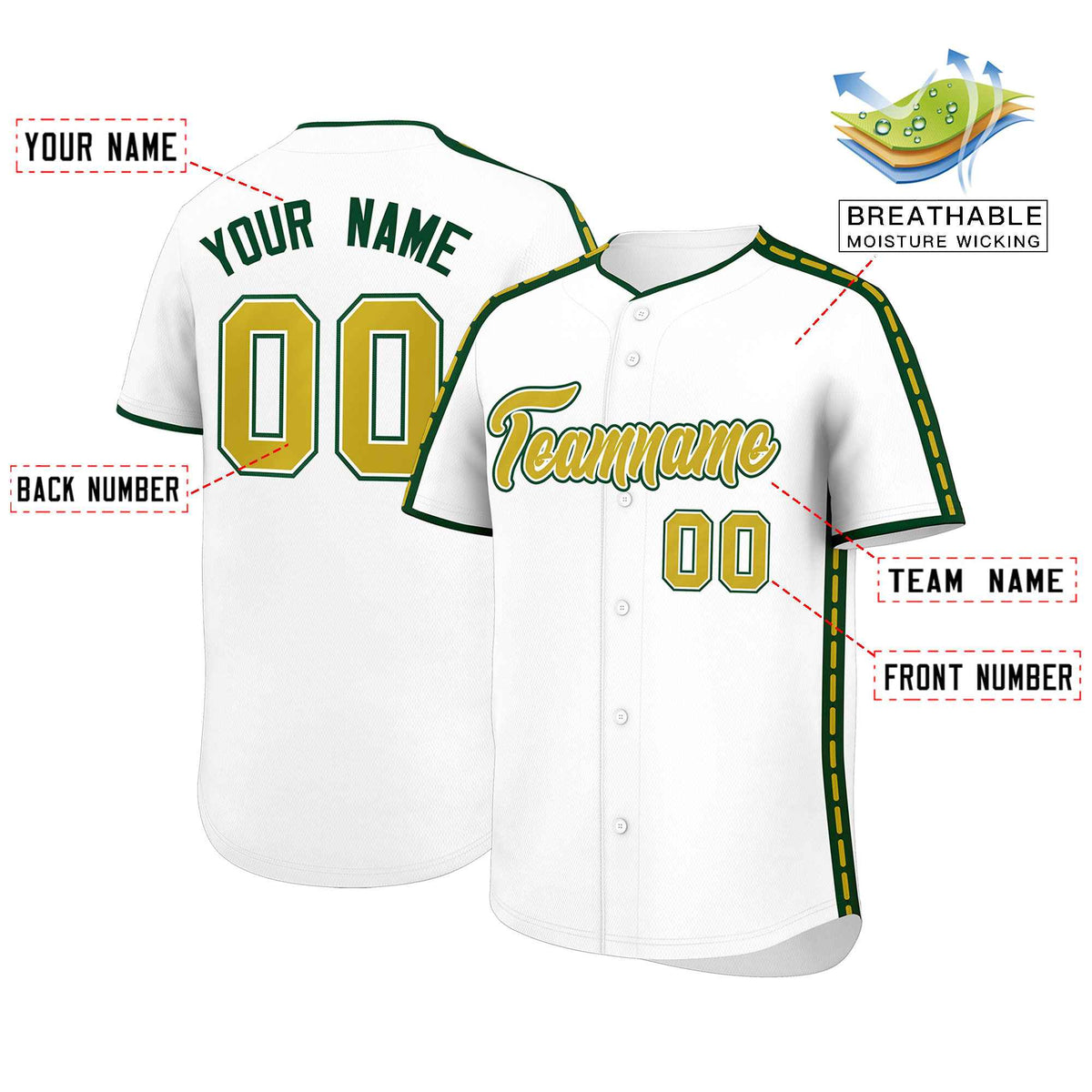 Custom White Green Color Block Personalized Side Dotted Line Authentic Baseball Jersey| KXKSHOP