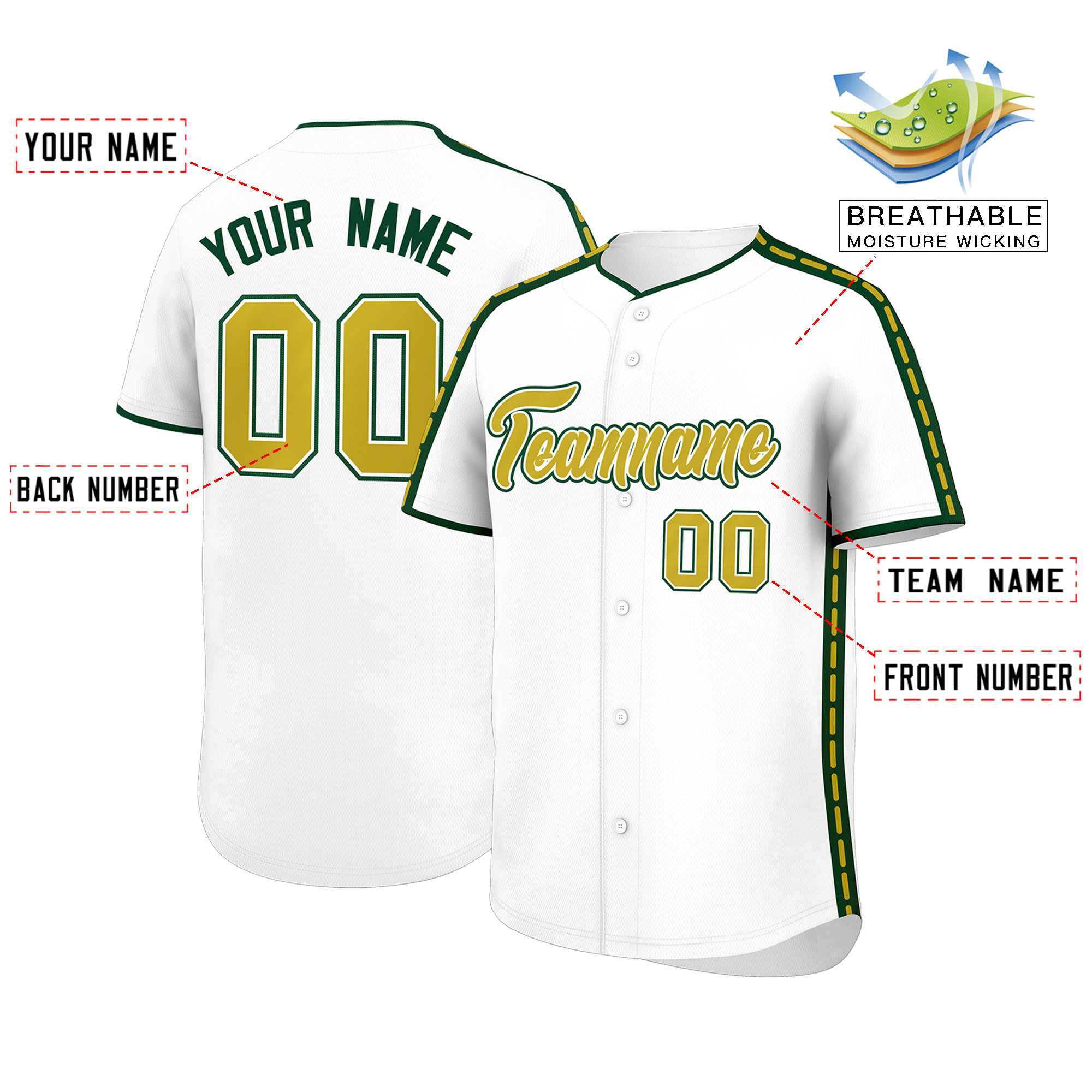 Custom White Green Color Block Personalized Side Dotted Line Authentic Baseball Jersey| KXKSHOP