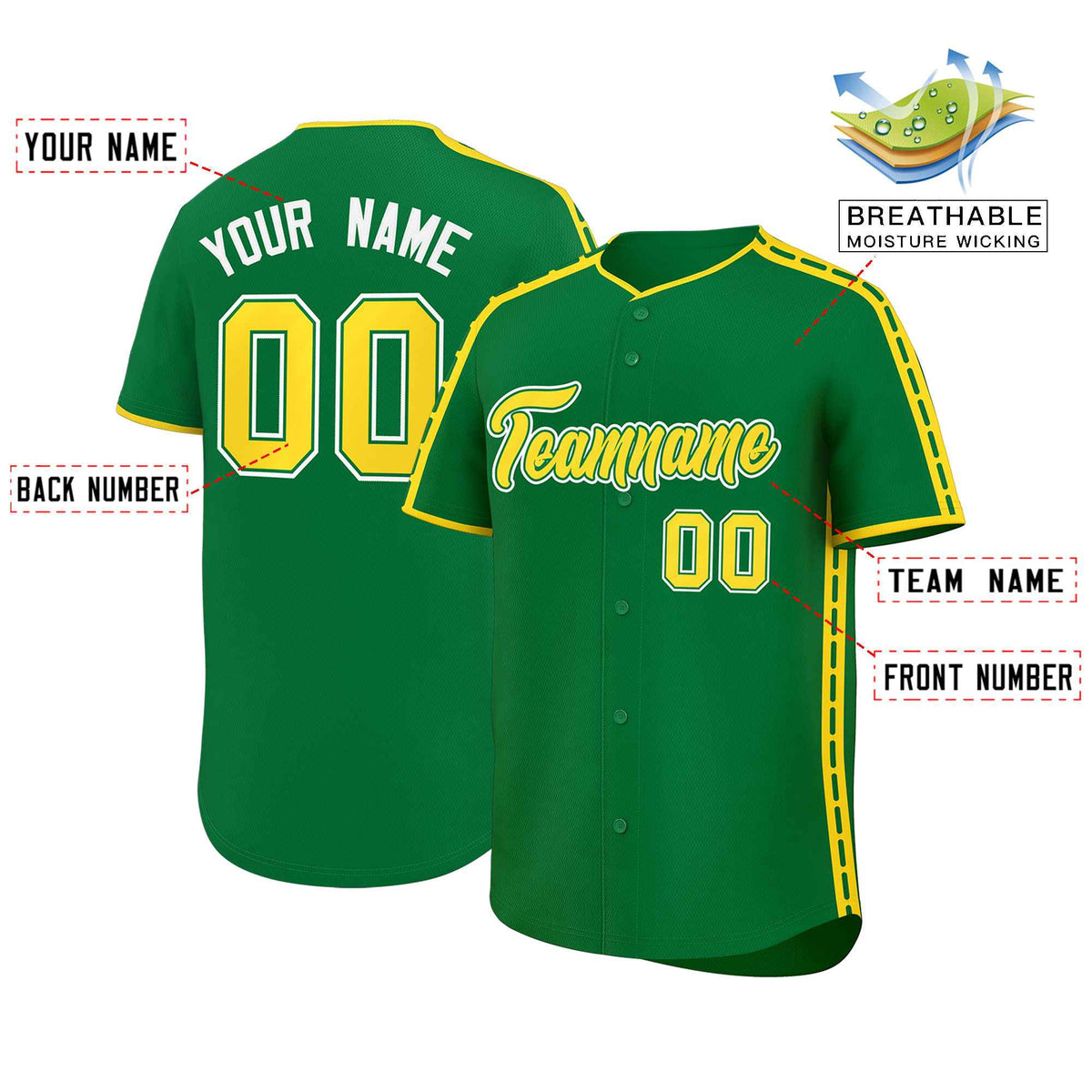 Custom Kelly Green Gold Color Block Personalized Side Dotted Line Authentic Baseball Jersey| KXKSHOP