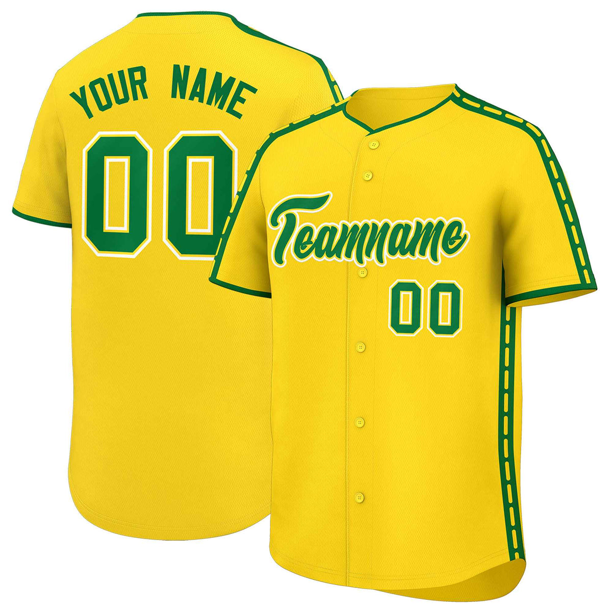Custom Gold Kelly Green Color Block Personalized Side Dotted Line Authentic Baseball Jersey| KXKSHOP