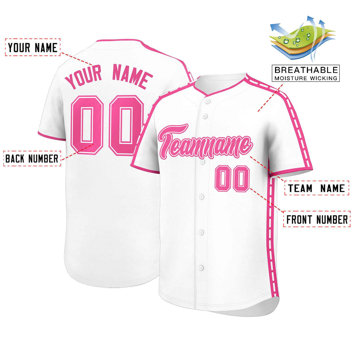 Custom White Pink Color Block Personalized Side Dotted Line Authentic Baseball Jersey| KXKSHOP